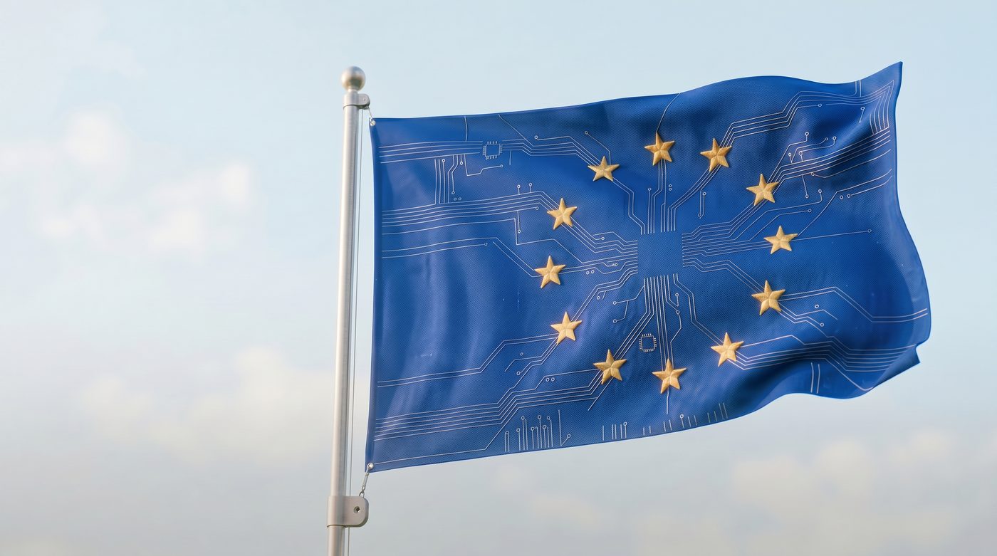 EU-Flagge vor Servertechnik, Symbol für EU-AI-Act- und DSGVO-Konformität